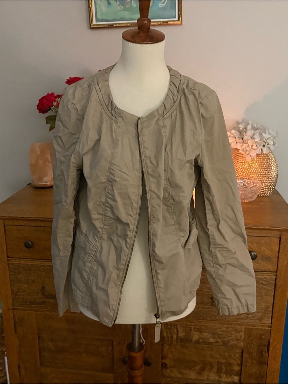 Loft Petite Medium Lightweight Taupe Zip-Front Jacket